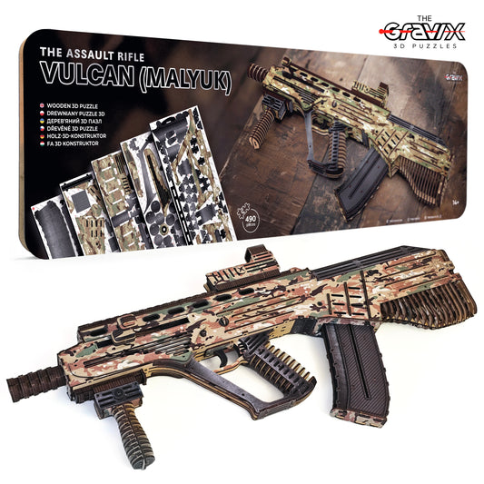 Drewniany 3D konstruktor „VULKAN-M – MALYUK” – karabin automatyczny (bullpup), 490 elementów, 70 cm