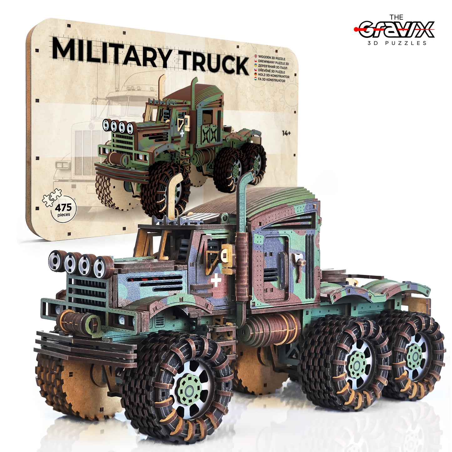 Drewniany 3D Konstruktor „Wojskowy Ciągnik Siłowy” – 475 części, 35 cm (04486)