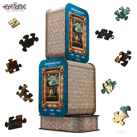 Drewniane Puzzle Figuralne – „GWIAŹDZISTA NOC I 5 KOTÓW”