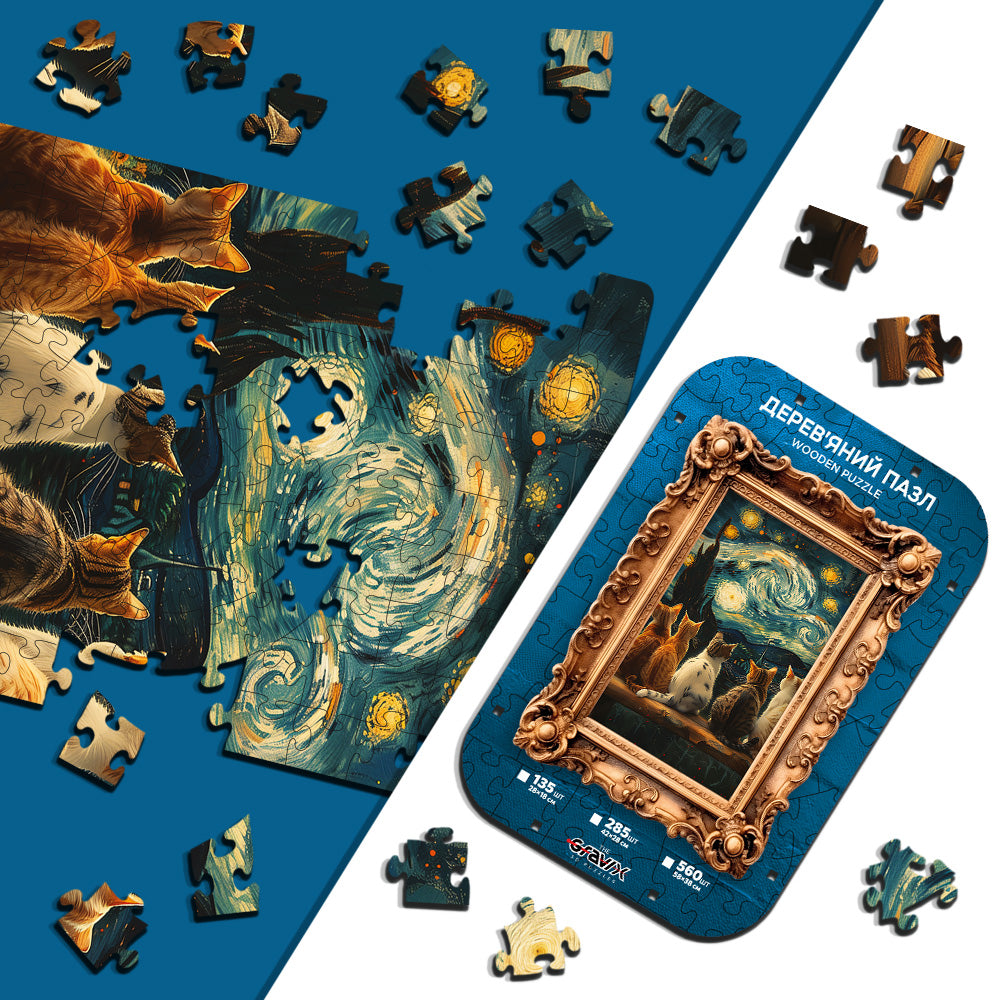 Drewniane Puzzle Figuralne – „GWIAŹDZISTA NOC I 5 KOTÓW”