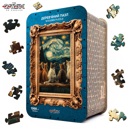 Drewniane Puzzle Figuralne – „GWIAŹDZISTA NOC I 5 KOTÓW”