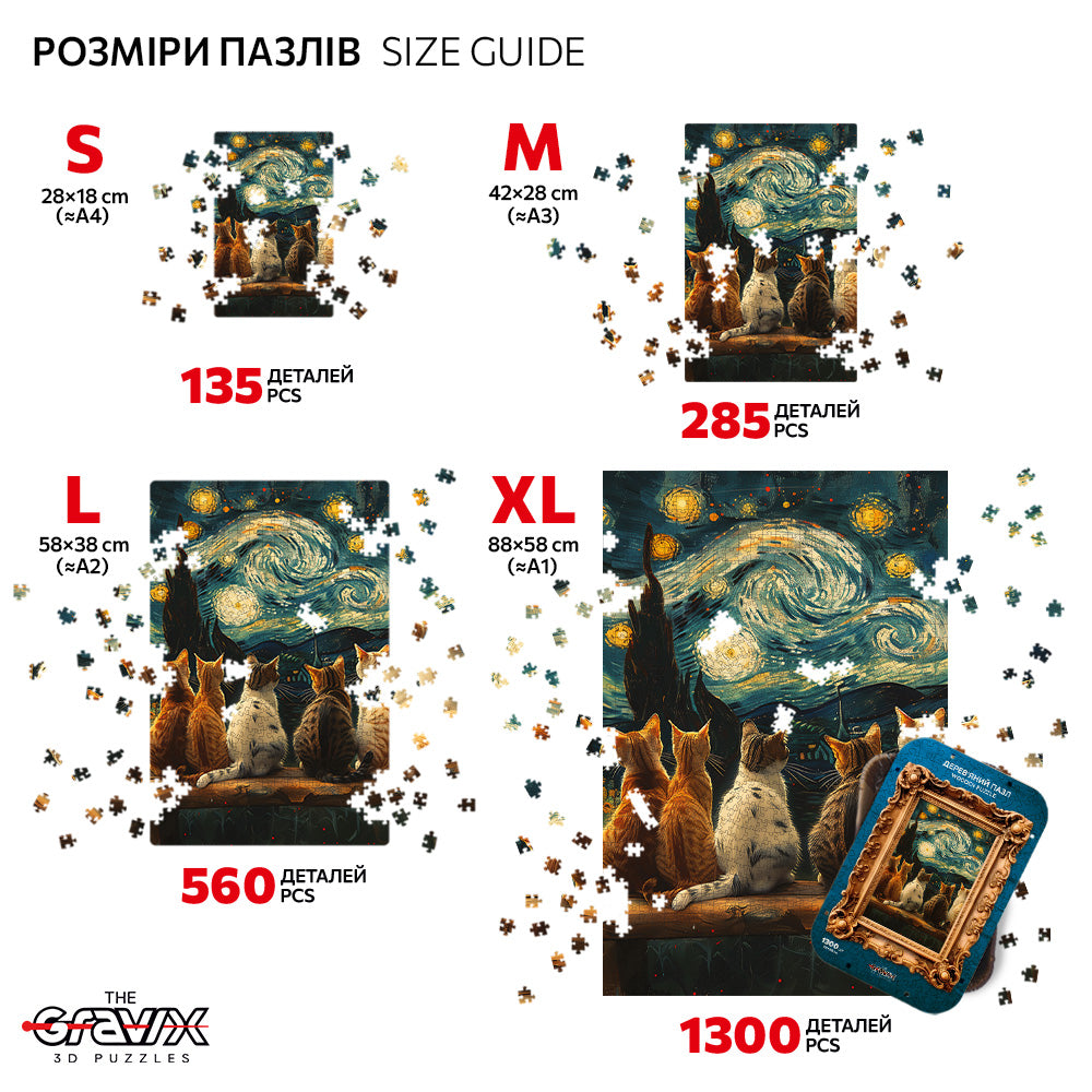 Drewniane Puzzle Figuralne – „GWIAŹDZISTA NOC I 5 KOTÓW”