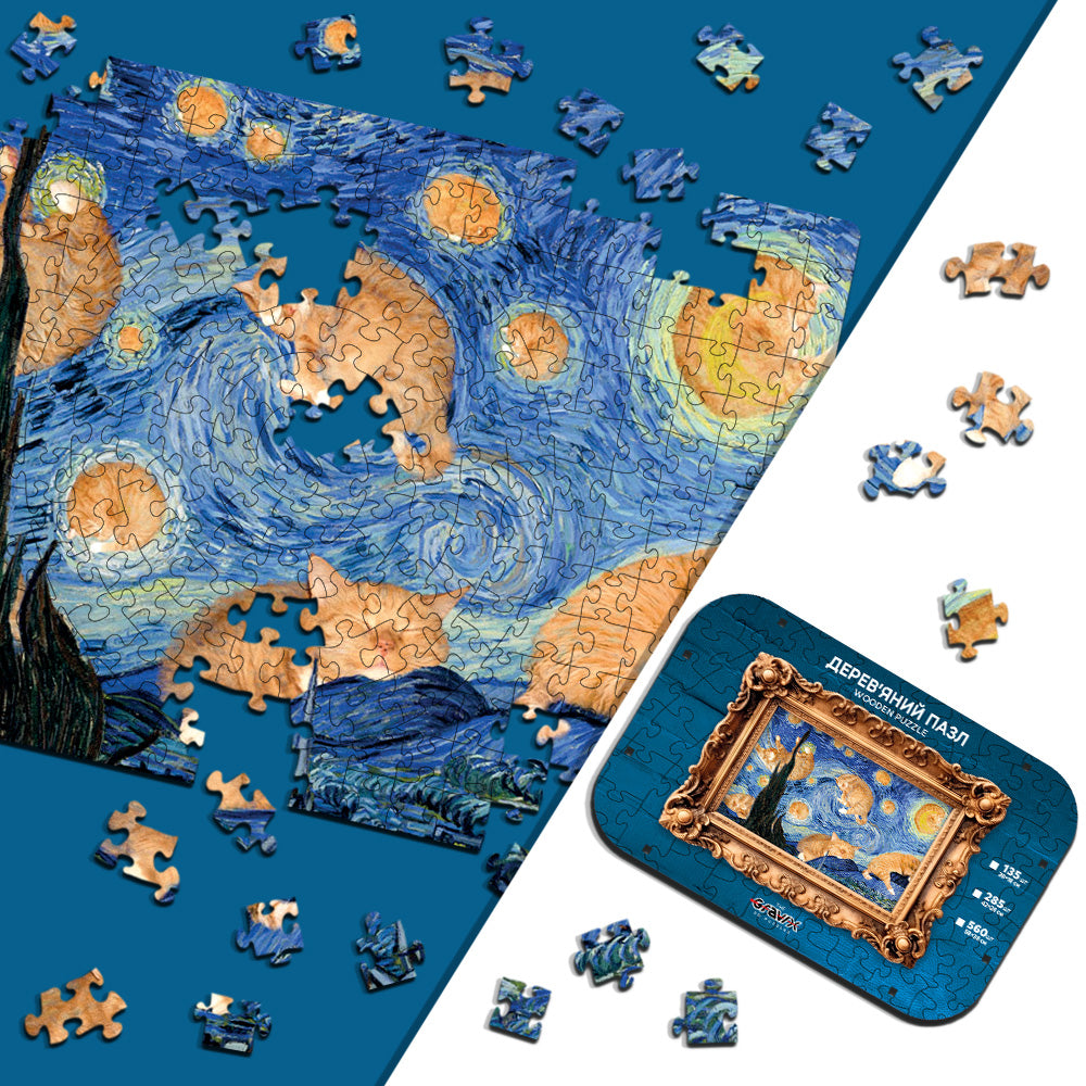Drewniane Puzzle Figuralne – „GWIAŹDZISTA NOC Z KOTAMI”