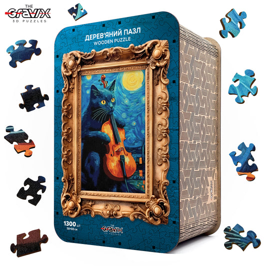 Drewniane Puzzle – „GWIAŹDZISTA NOC I KOT SKRZYPEK”