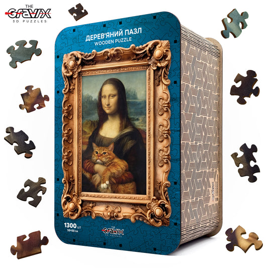 Drewniane Puzzle Figuralne – „MONA LISA Z KOTEM”