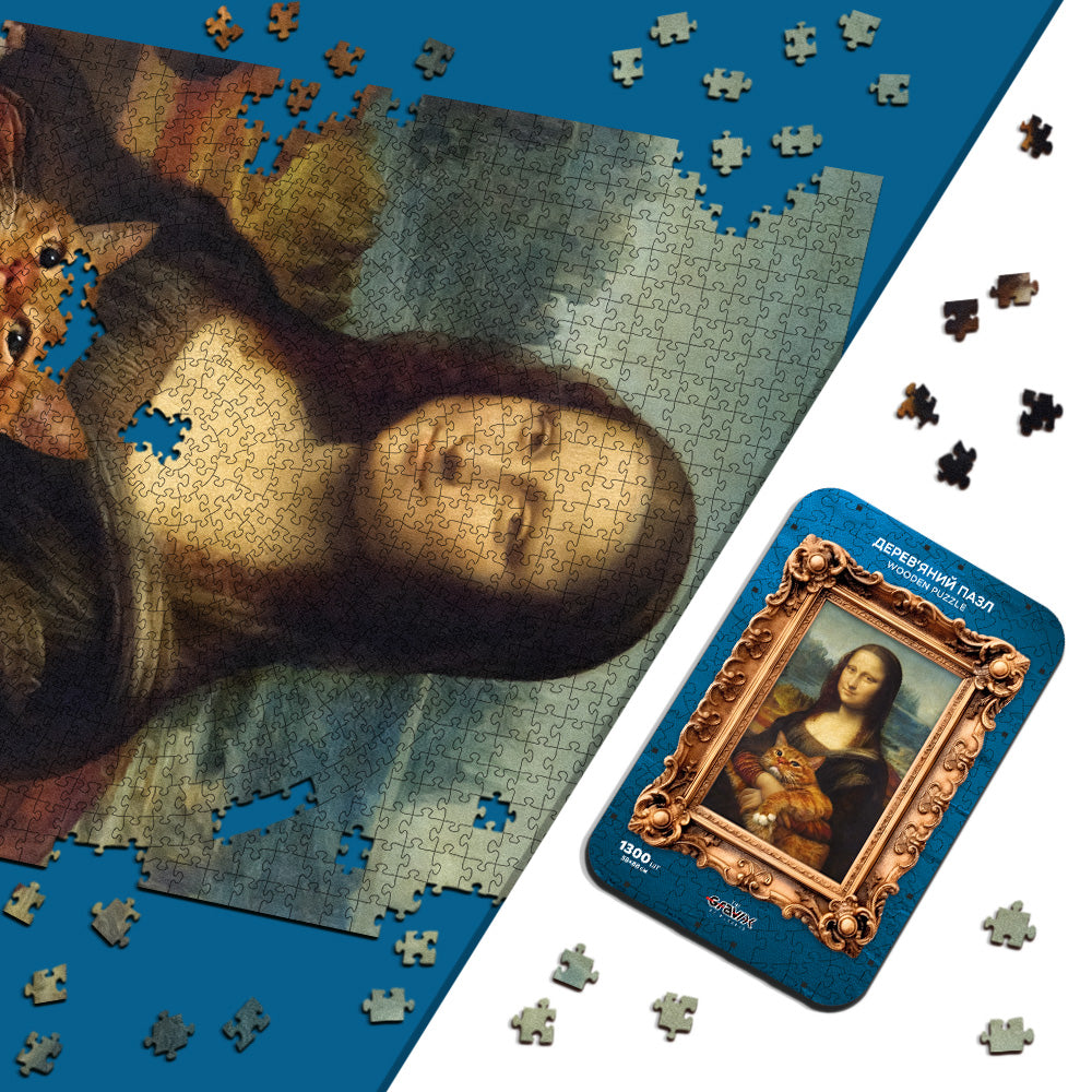 Drewniane Puzzle Figuralne – „MONA LISA Z KOTEM”